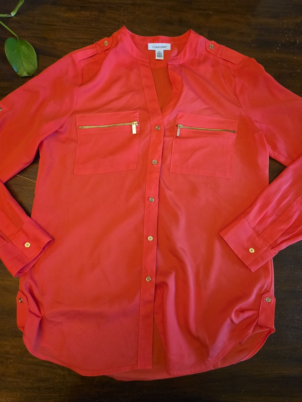 Calvin Klein Coral Pink Zip-Pocket Utility Blouse – Roll Tab Sleeve-small